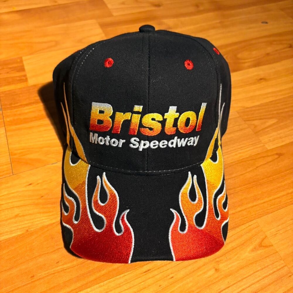 Bristol Motor Speedway Black Orange Flame Baseball Cap Racing Hat Adjustable